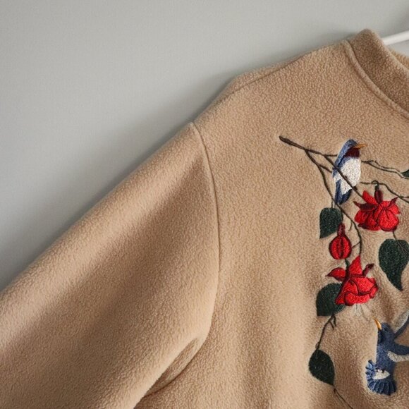 Vntg Classic Editions Sz Lrg Cream Embroidered Bird Buttoned Fleece Cardigan - Picture 3 of 14